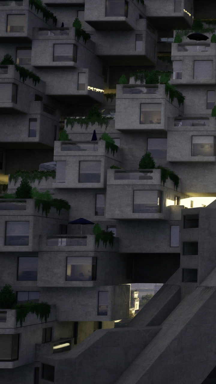 Modern buildings with green elements and unique design in an urban area