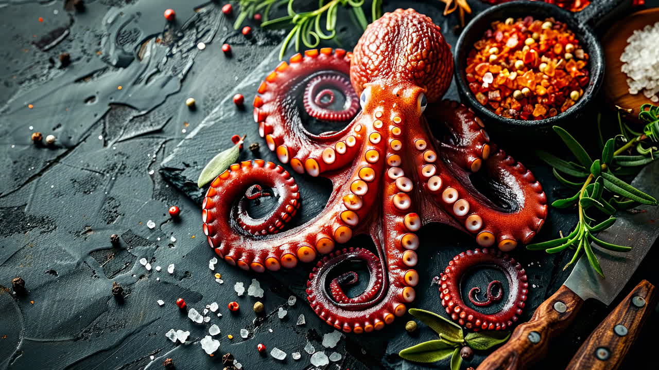Fresh octopus with spices and herbs. An octopus is laid out on a dark surface with various spices and herbs nearby, showcasing vibrant colors and textures