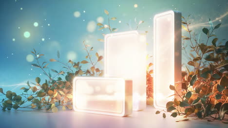 ethereal glowing podiums with lush greenery on a blue background