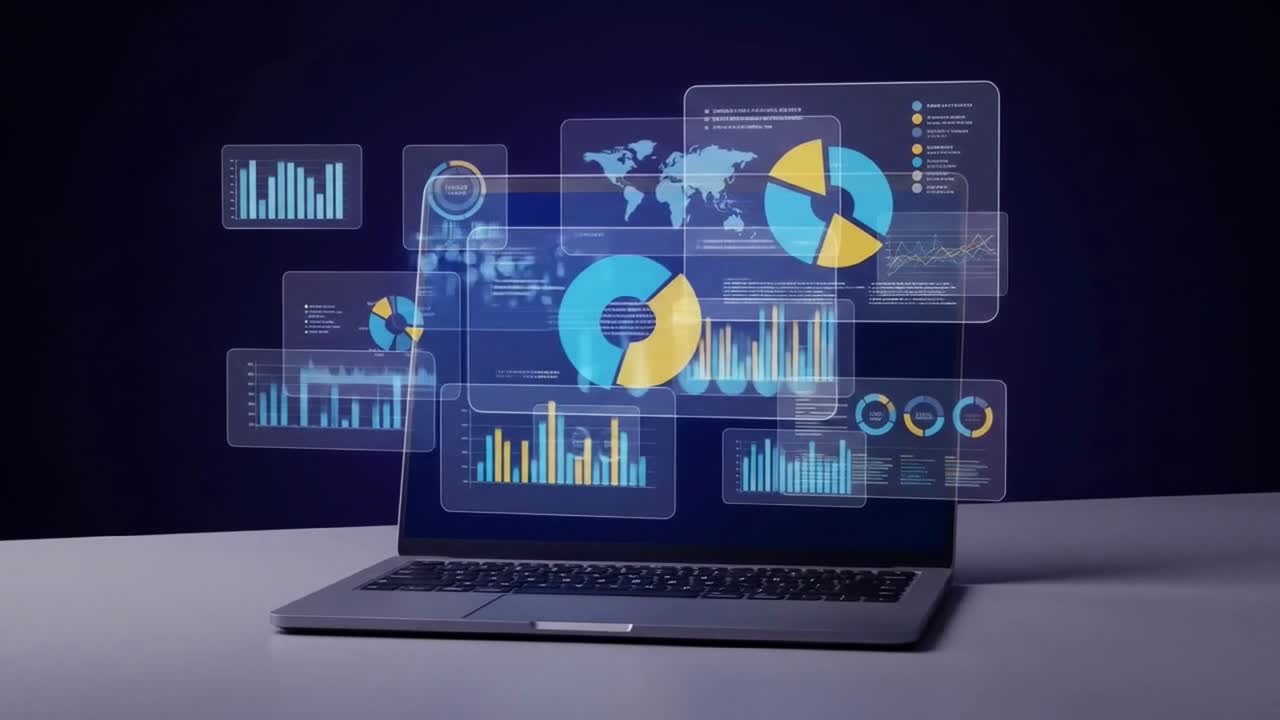 Modern Laptop Displaying Floating Holographic Charts and Graphs for Data Visualization Concept
