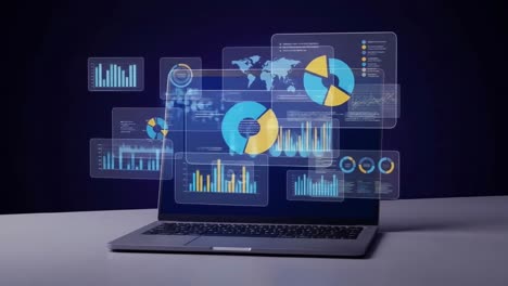 modern laptop displaying floating holographic charts and graphs for data visualization concept