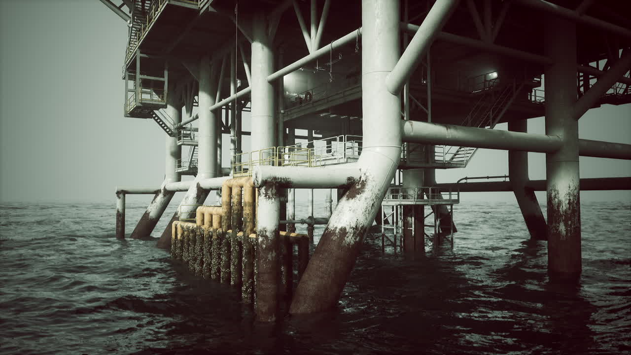 Gammel olieplatform, der står højt over bølgerne i roligt vejr