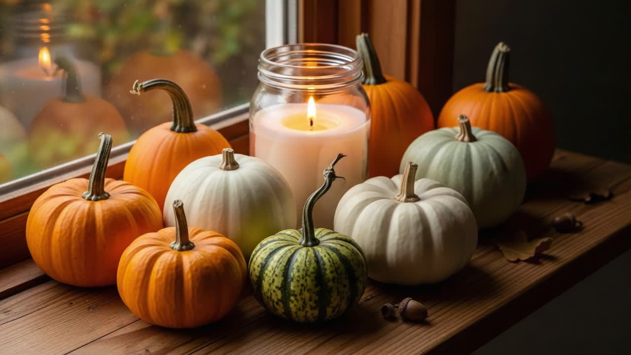 A Cozy Autumn Scene Featuring a Selection of Colorful Pumpkins, a Softly Flickering Candle, and a Warm Window Light, Perfectly Capturing the Essence of the Fall Season