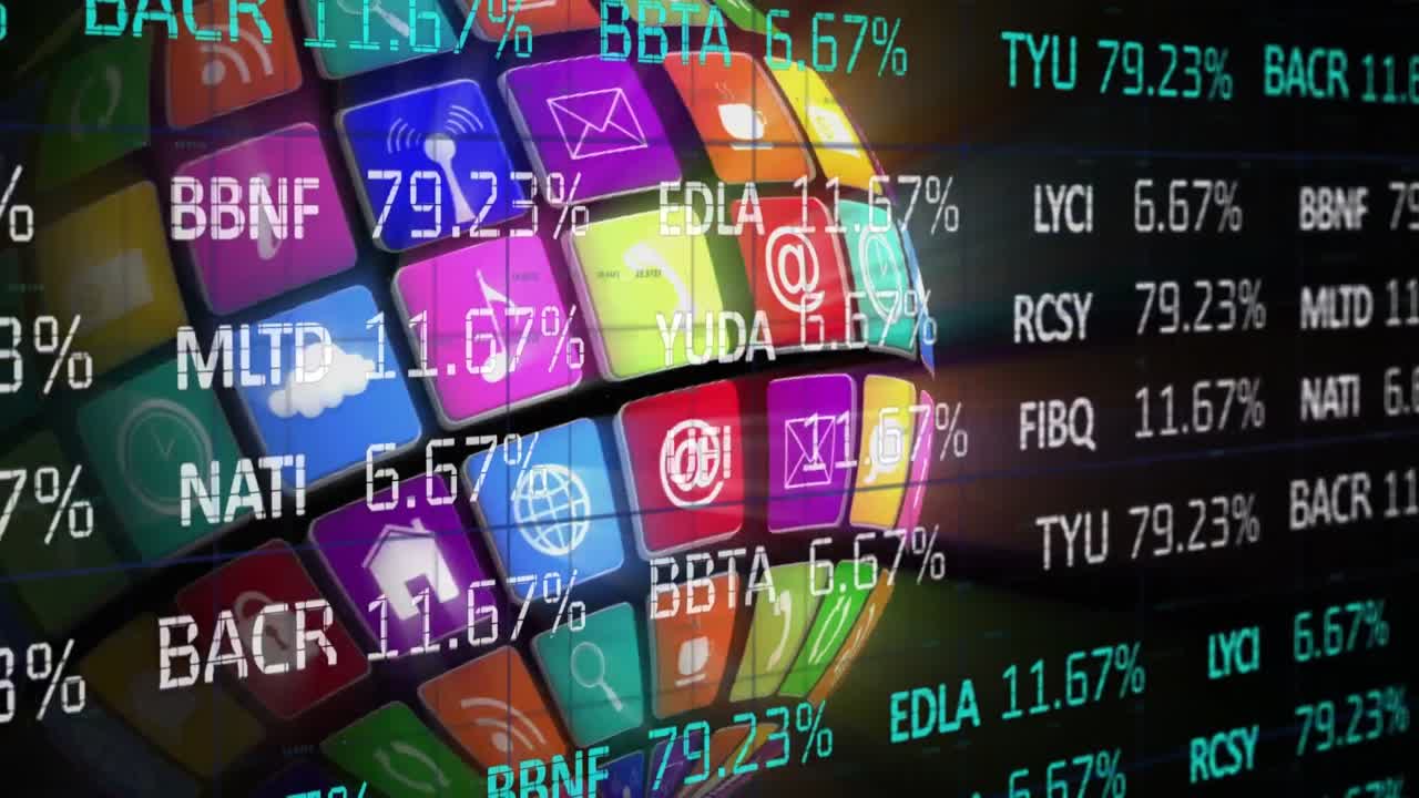 animación del procesamiento de datos financieros sobre un globo giratorio formado con iconos digitales