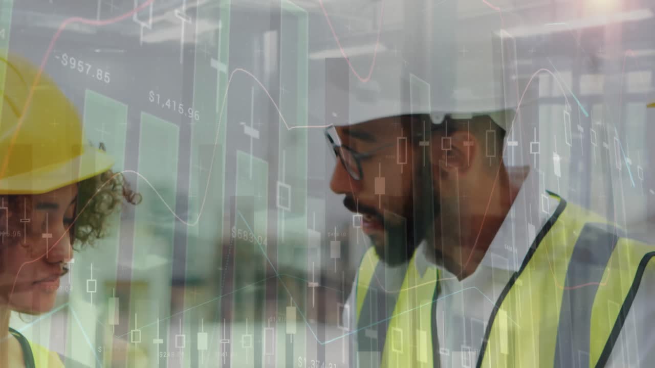 animación del procesamiento de estadísticas sobre arquitectas que mantienen planes en el sitio de construcción