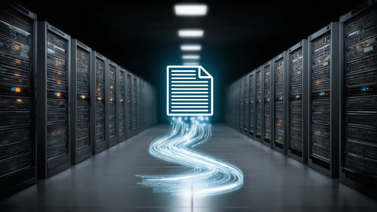 Visualizing Data Transfer: A Dynamic Representation of Information Flow in a Server Room with Digital Document Graphic Indicating Rapid File Movement