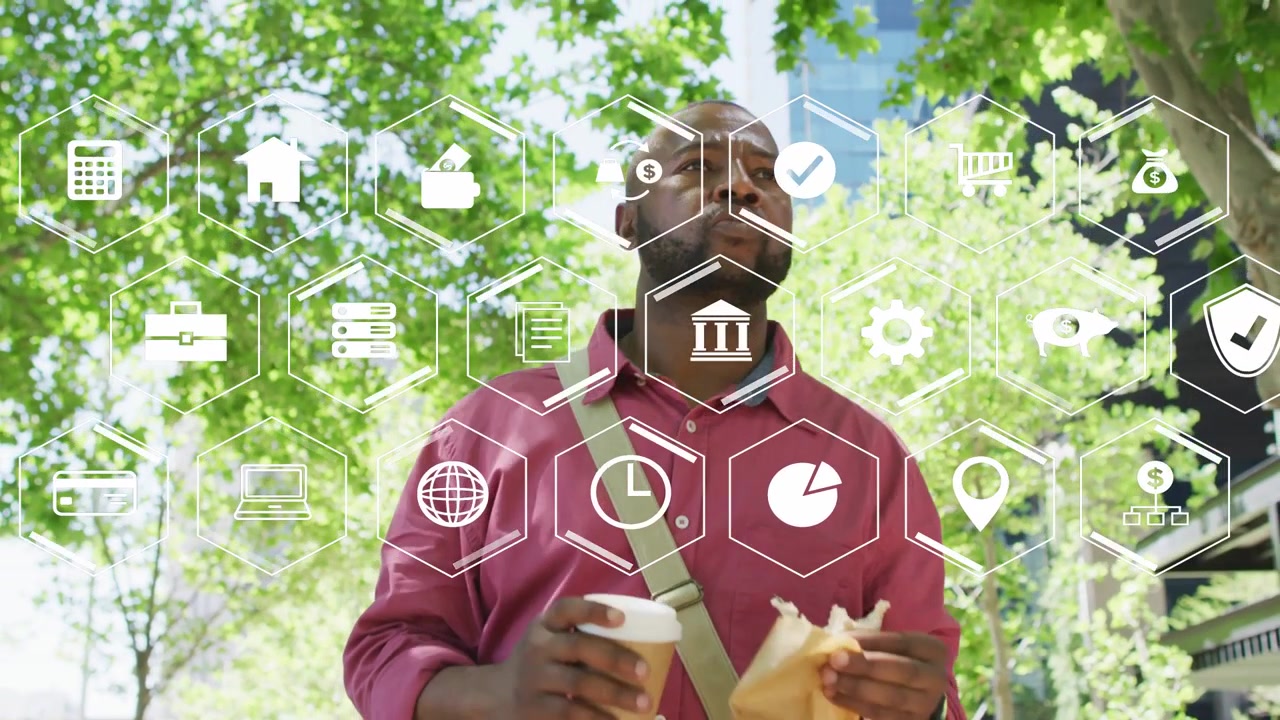 Commuter walking sidewalk holding coffee and food, pausing and looking up, revealing tech hex icons
