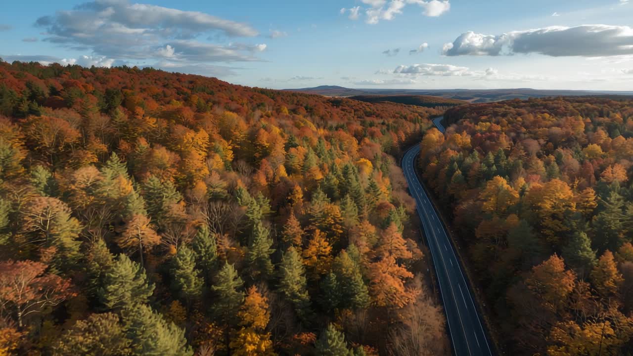 Drone starting descent and tilting lens over autumn trees, revealing winding highway, copy space