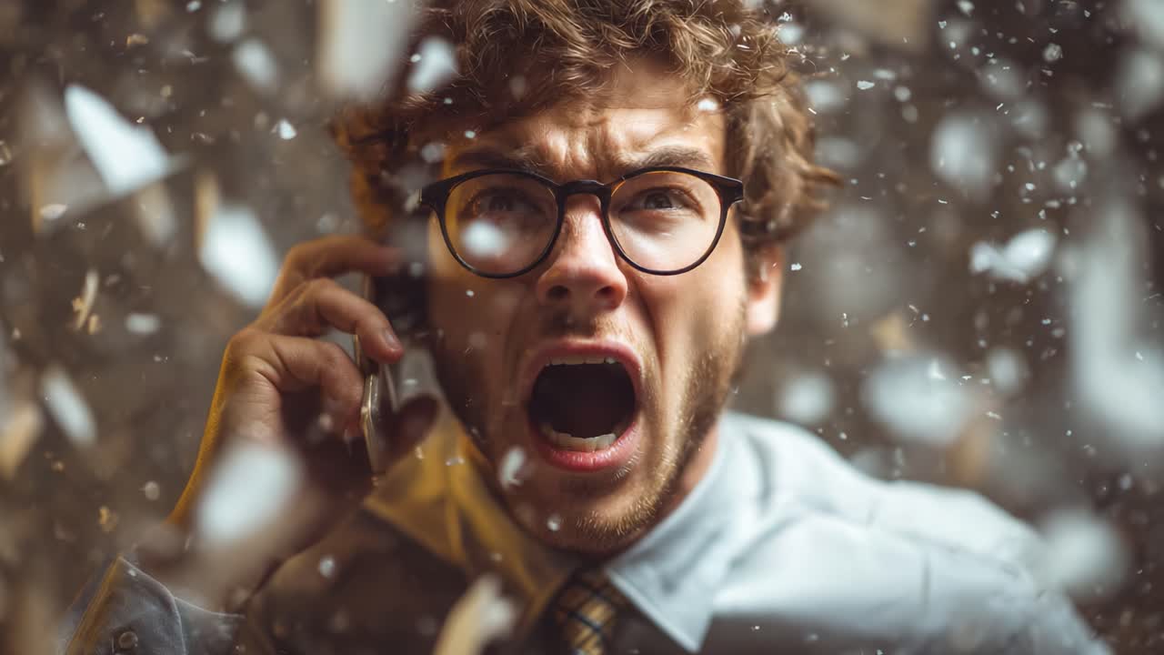 A Frustrated Young Man Expresses Rage on the Phone Amidst a Chaotic Scene, Capturing a Moment of Intense Emotion and Turmoil in a Busy Environment