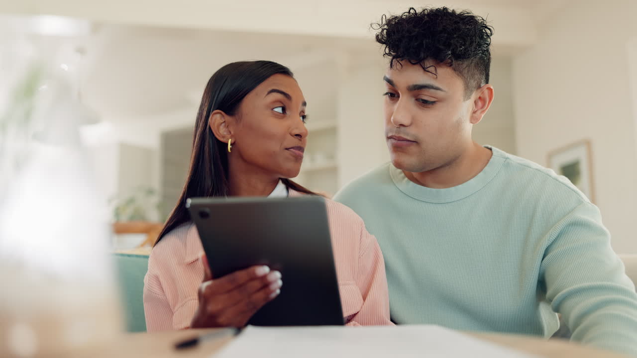Home, smile and couple with a tablet