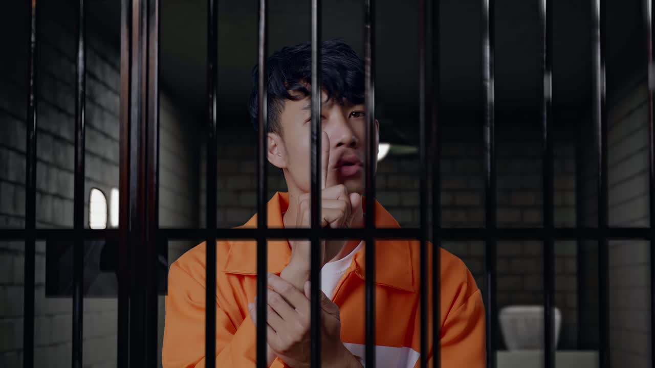 primer plano de un prisionero masculino asiático con esposas haciendo un gesto de silencio mientras está de pie en la cárcel
