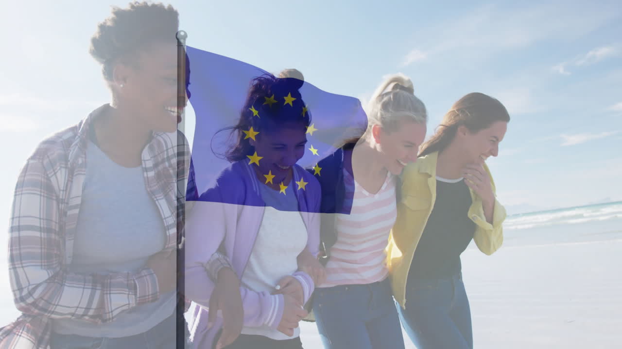 Laughing on beach, diverse friends with animation of European Union flag overlay