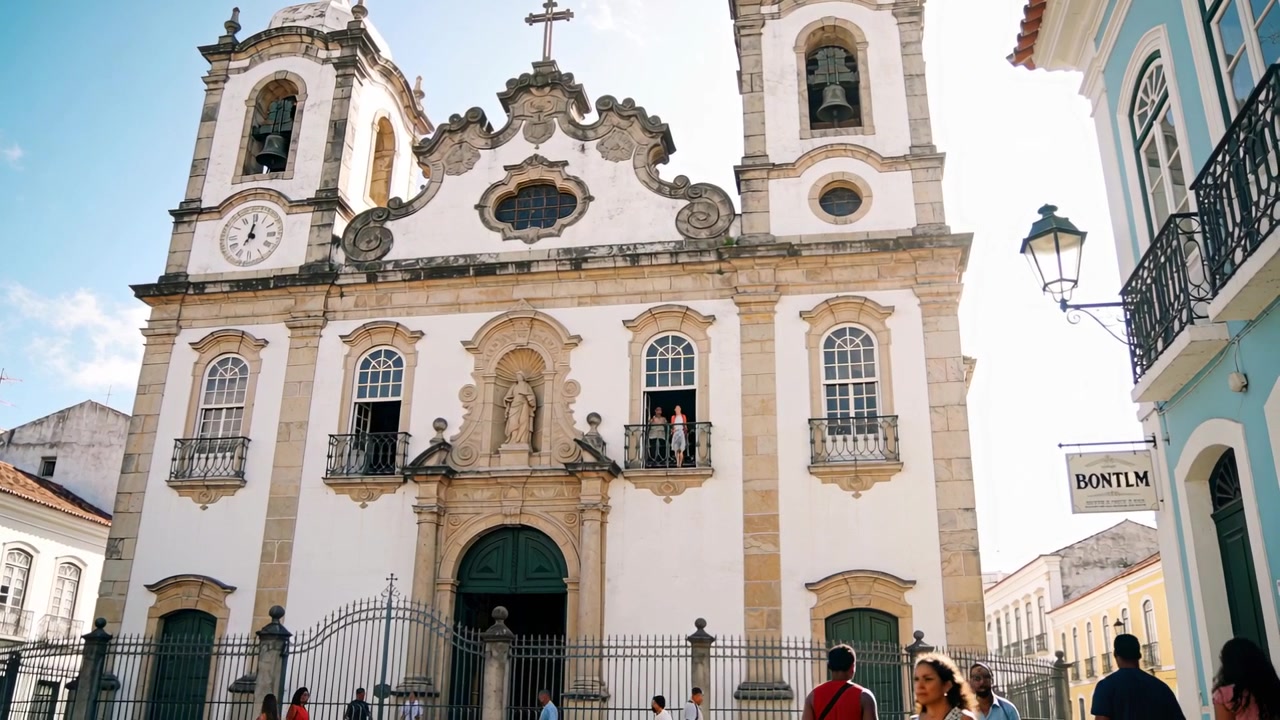 Inquadrando la facciata di una chiesa barocca in una piazza, con pedoni che entrano da destra, in visita turistica.
