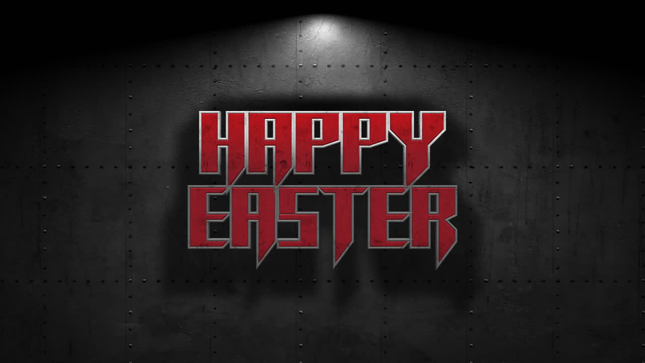 Happy Easter text with light from bulb on steel wall in night street