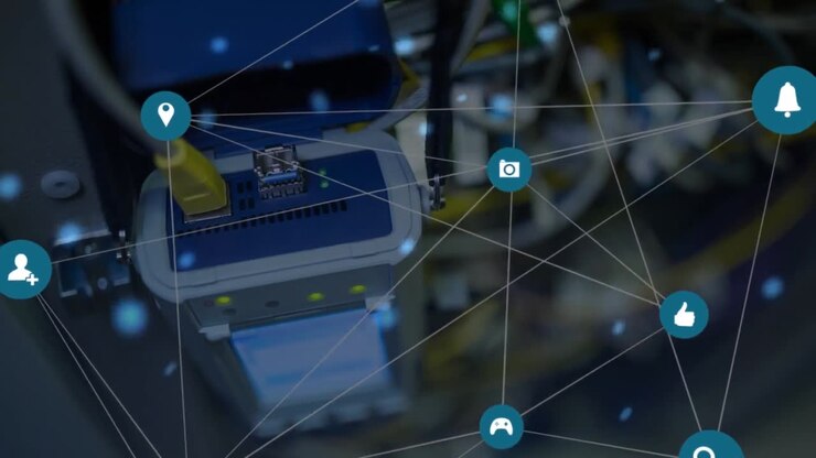 Animation of network of connections with icons over computer servers