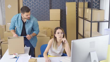 entrepreneurial woman and man working in e-commerce office arrange cargo packages and check incoming orders from computer.