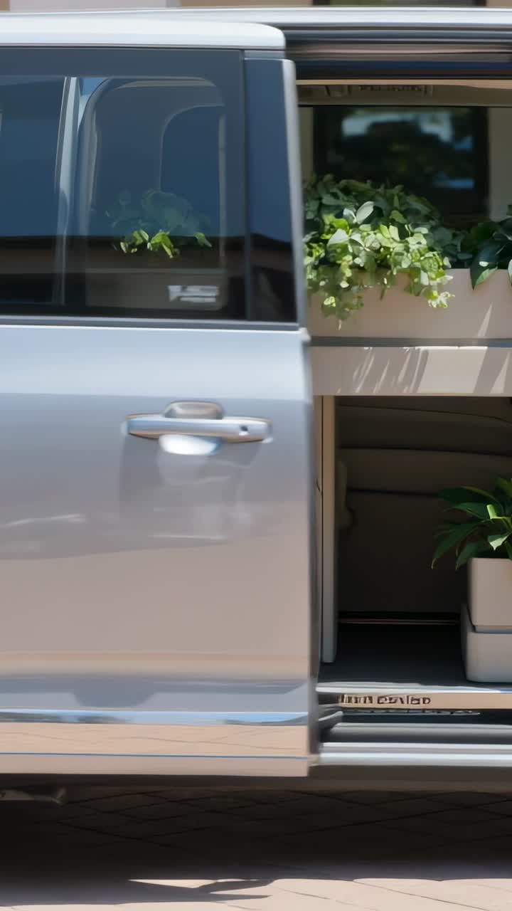 La porta scorrevole di un furgone moderno si apre per rivelare un interno con piante in vaso