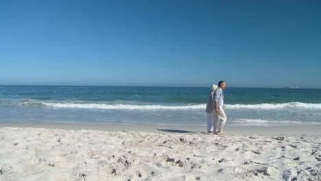 un anciano caminando por la playa se marchita con su esposa.