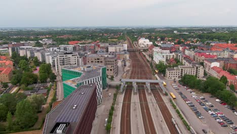 Railway-tracks-from-above-in-central-Lund,-Sweden