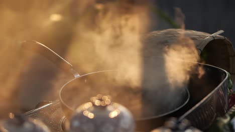steaming food in a wok: close-up shot of cooking process