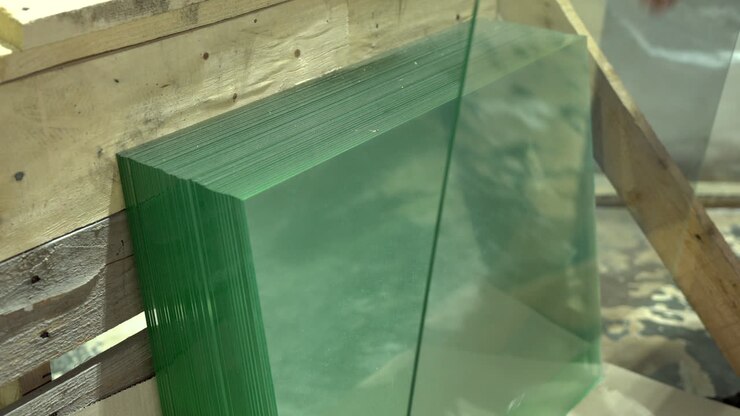 Picking glass panel from a stored row in the workshop
