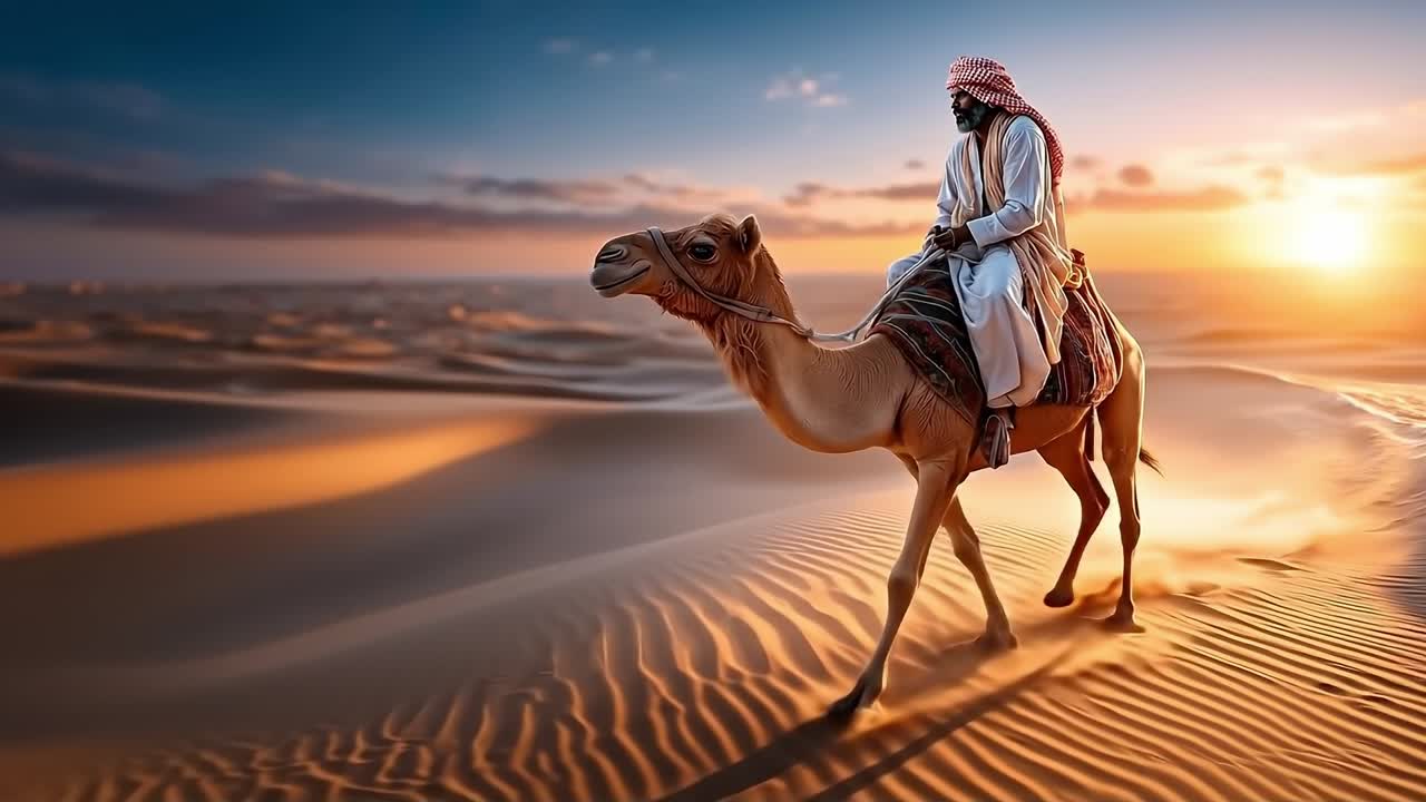 un, hombre, equitación, un, camello, en, el, desierto, en, ocaso