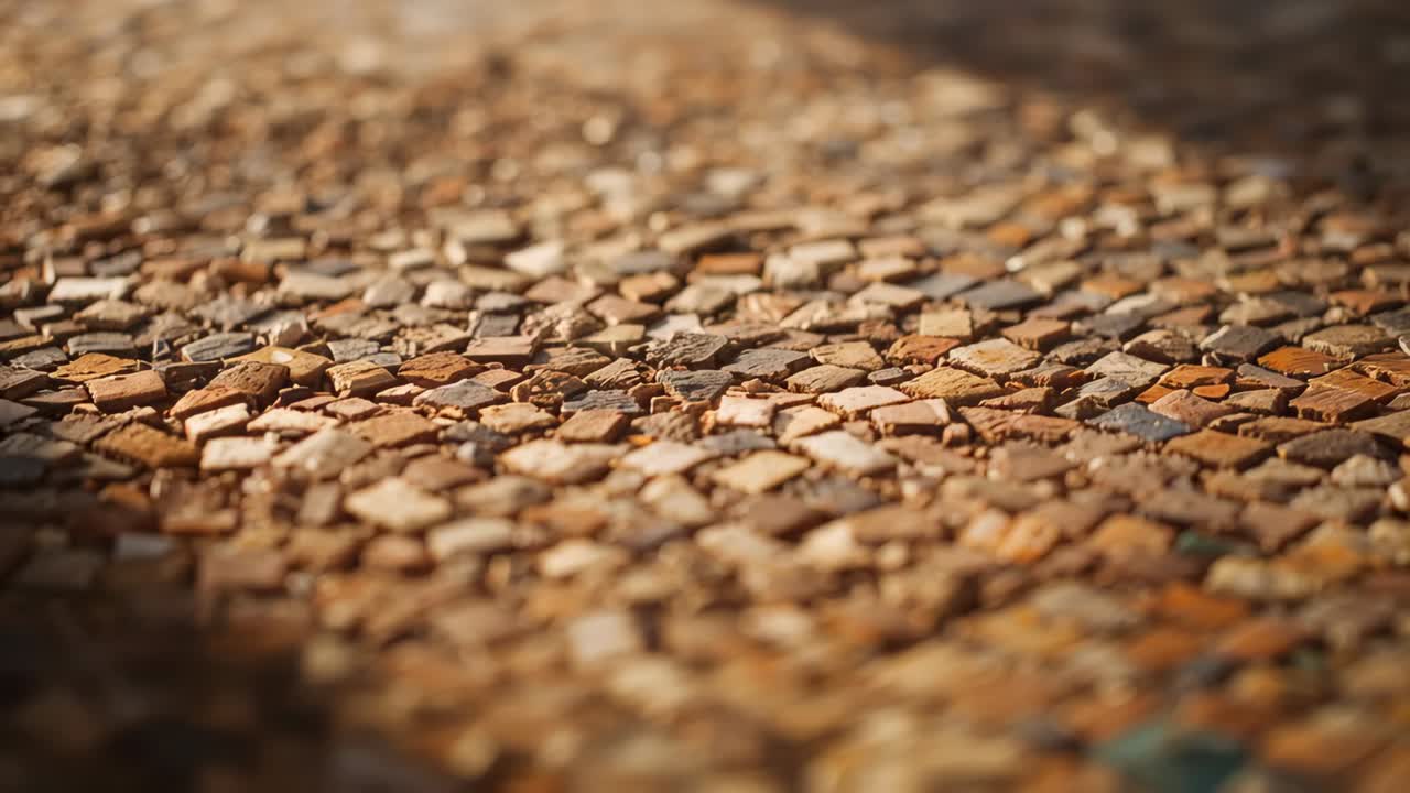 Shifting camera advancing refocusing on mosaic pavement in plaza, showing pebble texture, sunlight