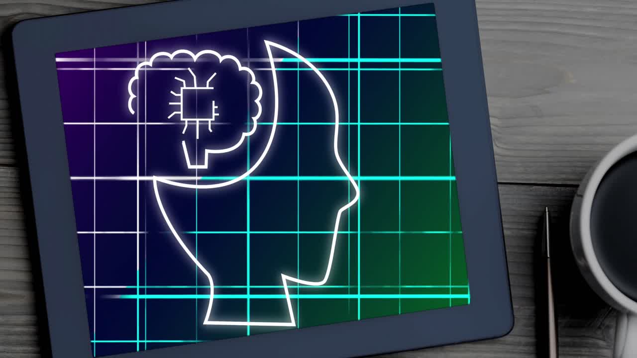Animation of ai icon and data processing over tablet screen on desk