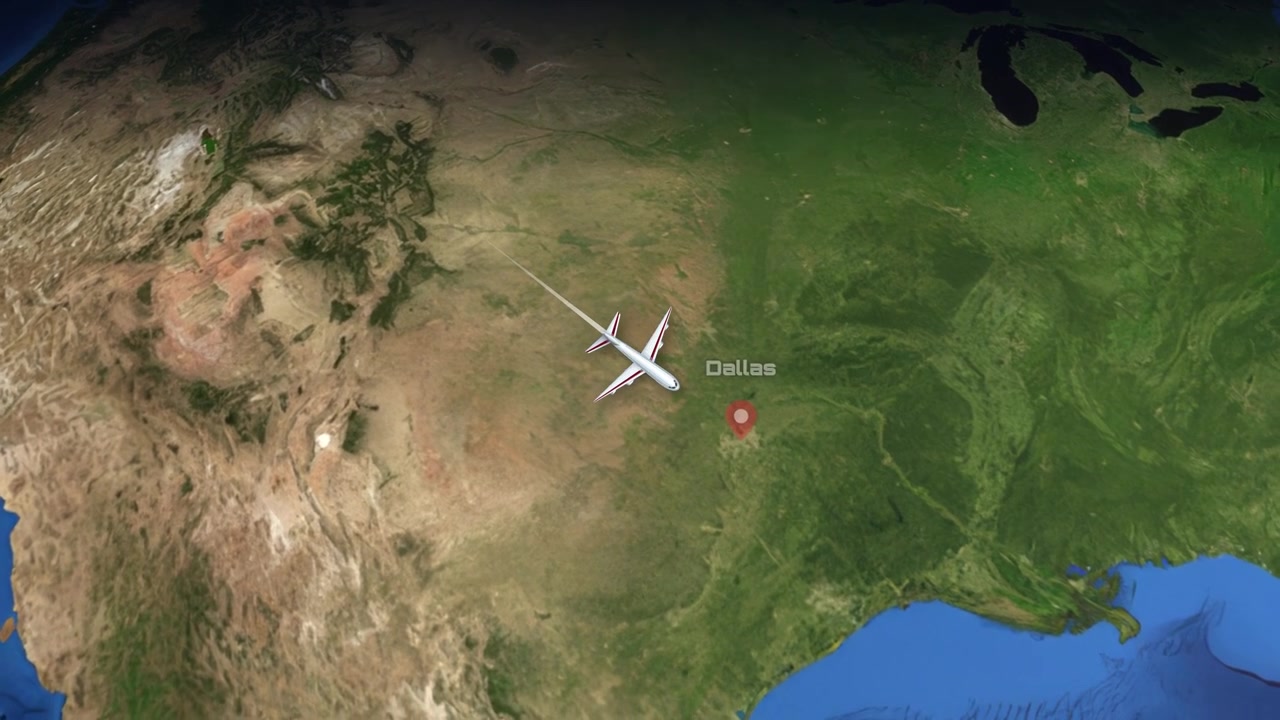 Satellite view animation tracks a commercial airplane flying from Seattle to Dallas across North America