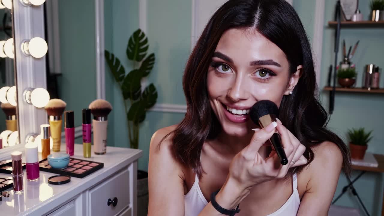 A young woman applies makeup in a vanity mirror setting. The video captures her from a close-up