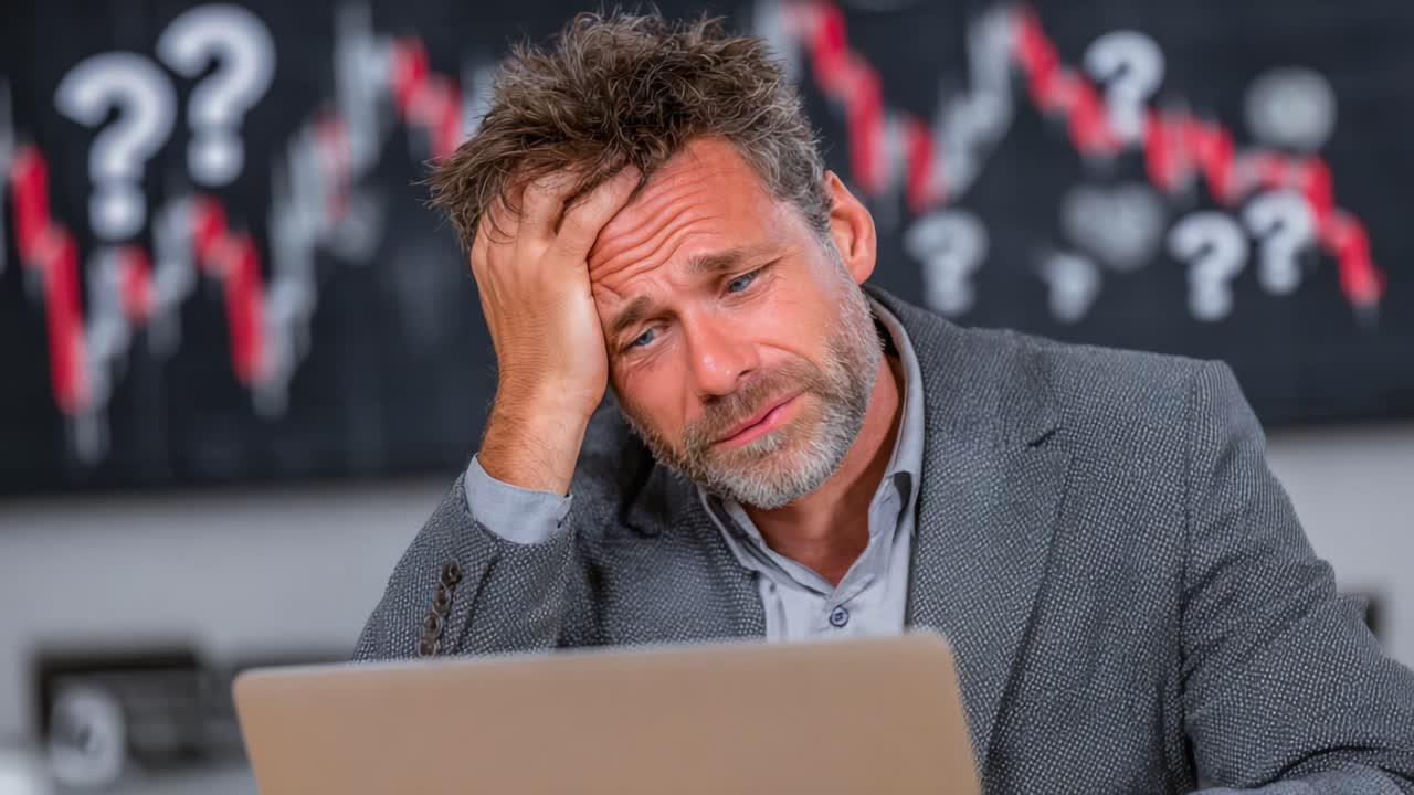 Un professionista frustrato contempla le sfide finanziarie mentre analizza le tendenze di mercato su un laptop, circondato da grafici e dati confusi.
