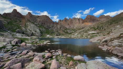 Summer-morning-glacier-Twin-Lakes-Chicago-Basin-Colorado-Silverton-San-Juan-Range-Rocky-Mountains-snowmelt-Mount-Eulos-fourteeners-Sunlight-Windom-Peak-Silverton-July-blue-sky-pan-right