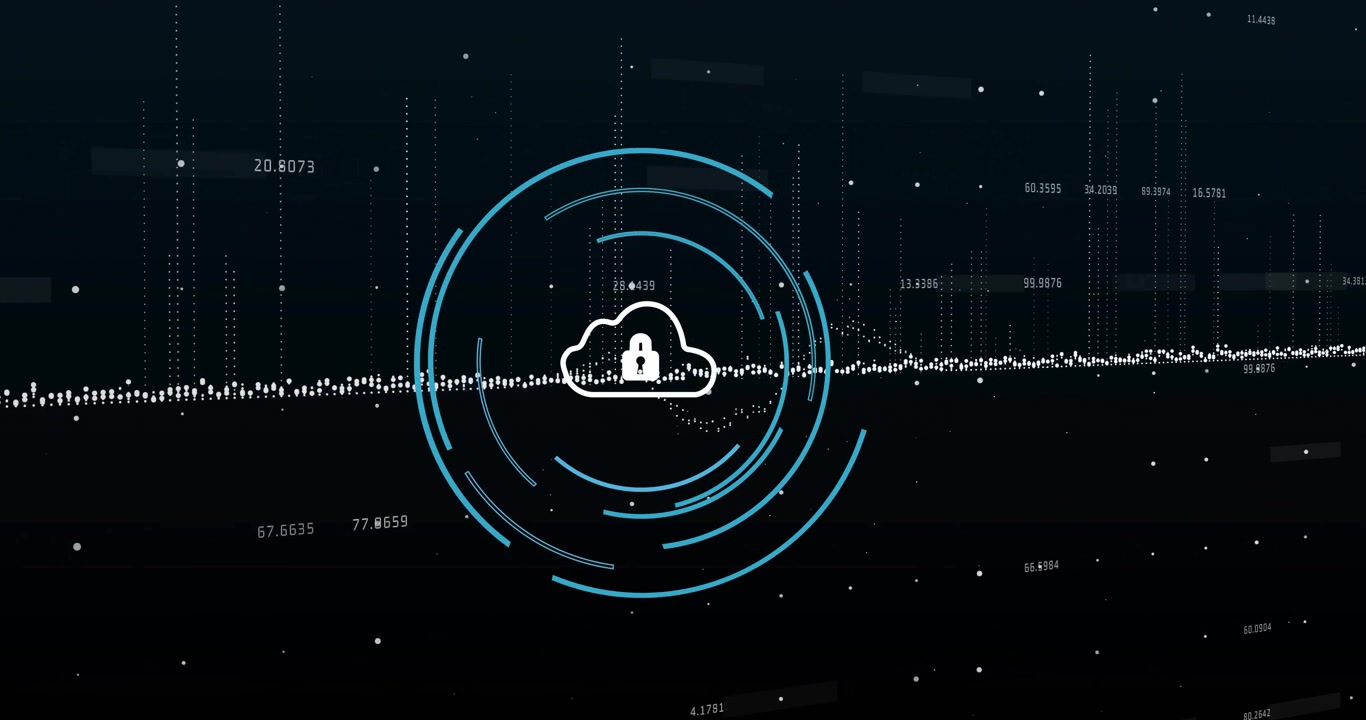 Upon data stream appearing, cloud lock icon spinning blue rings visualizing secure loading progress