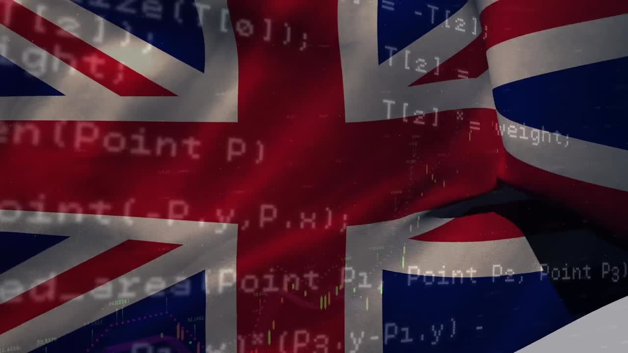animación de código informático sobre la bandera de gran bretaña