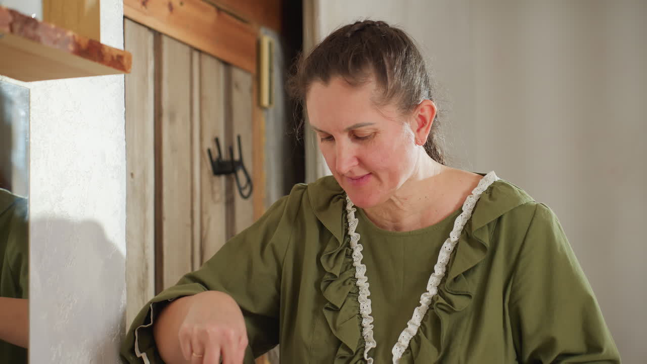 Focused cook wearing green dress and white apron stirs pot on stovetop while wooden kitchen door and wall mirror reflect her movements, capturing calm home cooking atmosphere
