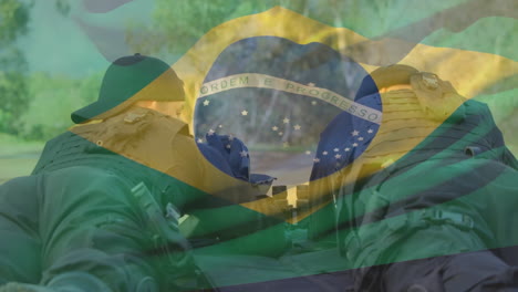 brazilian flag animation over soldiers in tactical gear lying on ground