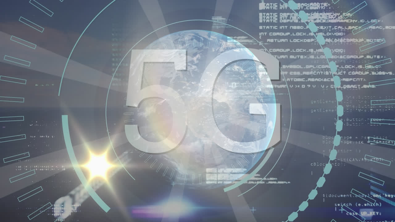 animazione di tracce luminose e scansione di portata con elaborazione dei dati e 5g sul globo
