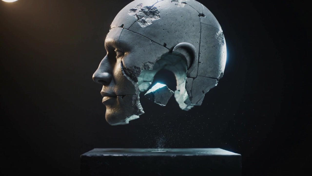 Hovering cracked head statue rising blue glow sparking dust above studio plinth, warm, cool lights
