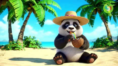 a cute cartoon panda enjoying a refreshing drink from a coconut while relaxing on a beautiful tropical beach surrounded by lush palm trees and a vibrant ocean