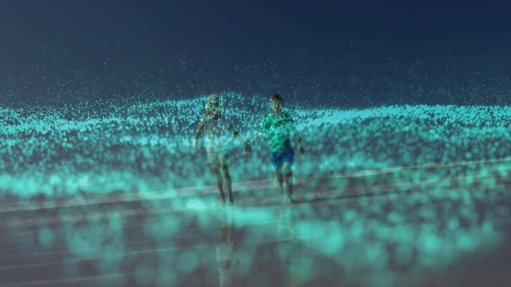 Brother and sister grabbing hands and running in bioluminescent plankton surf, creating nature joy