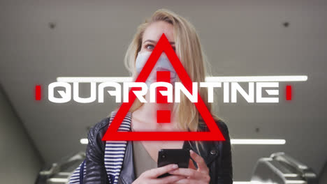 animation of text quarantine, over triangle, with woman in face mask using smartphone in city