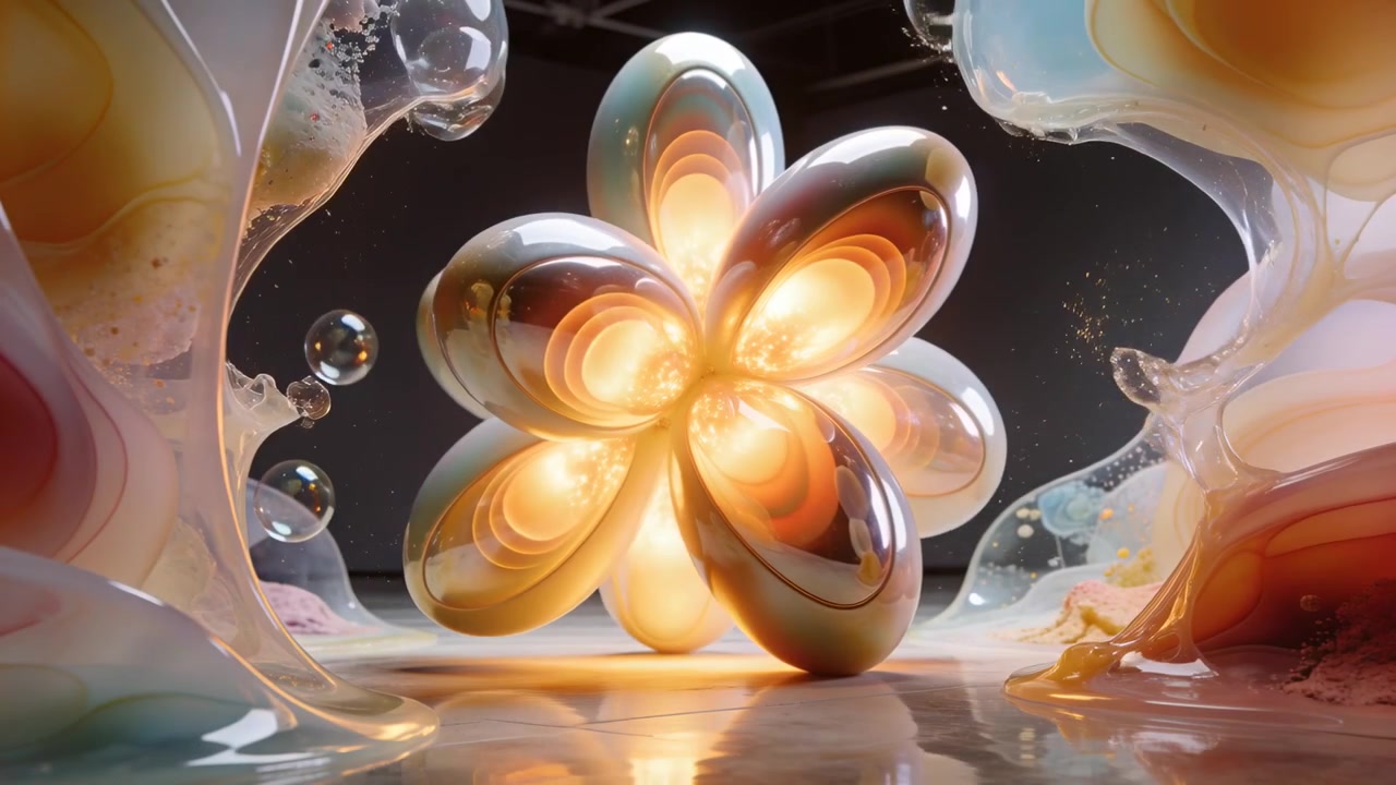 Starting play rotating 6-lobe metal piece on shiny floor, pulsing core, gel forms, drifting bubbles