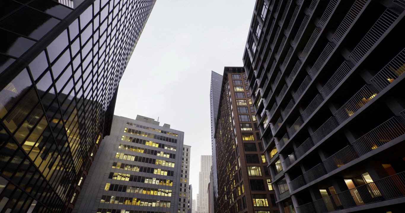 Busy urban canyon featuring reflective glass and textured facades