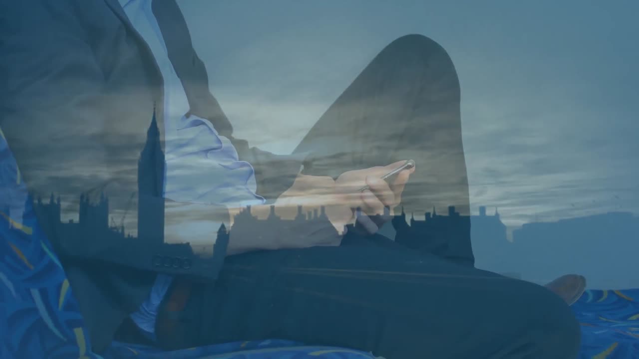 스마트폰과 도시 풍경을 사용하는 사람