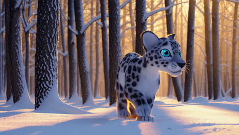 cute snow leopard in a snowy forest