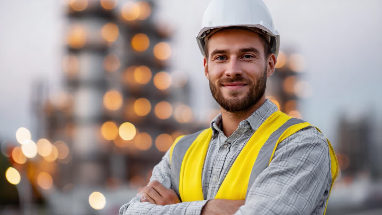 A confident construction worker smiles proudly while standing in front of a partially constructed building, showcasing dedication to engineering and safety in a dynamic work environment