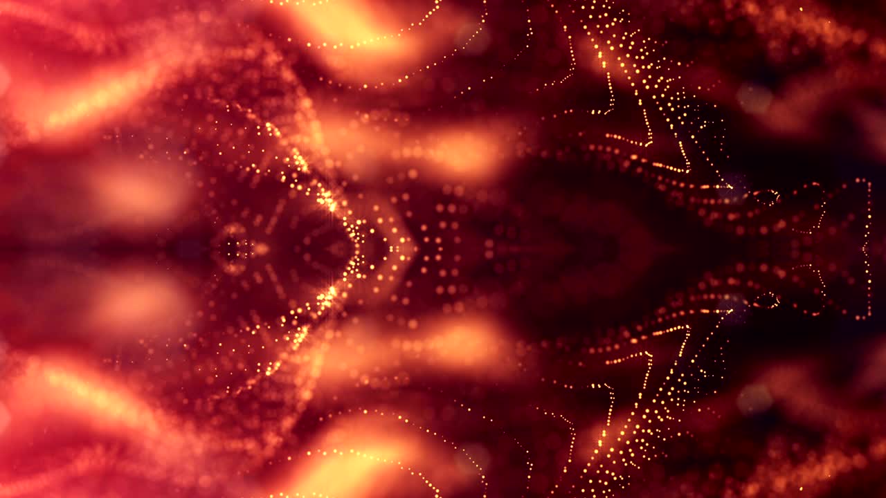 animación de bucle 3d como fondo de ciencia ficción de partículas brillantes con profundidad de campo y bokeh para bucle vj. las partículas forman línea y cuadrícula de superficie. v3 oro rojo