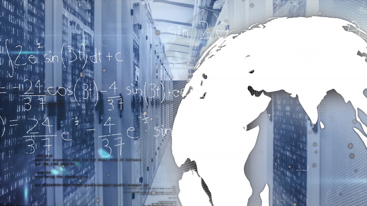 Animation of spinning globe, data processing and mathematical equations over computer server room