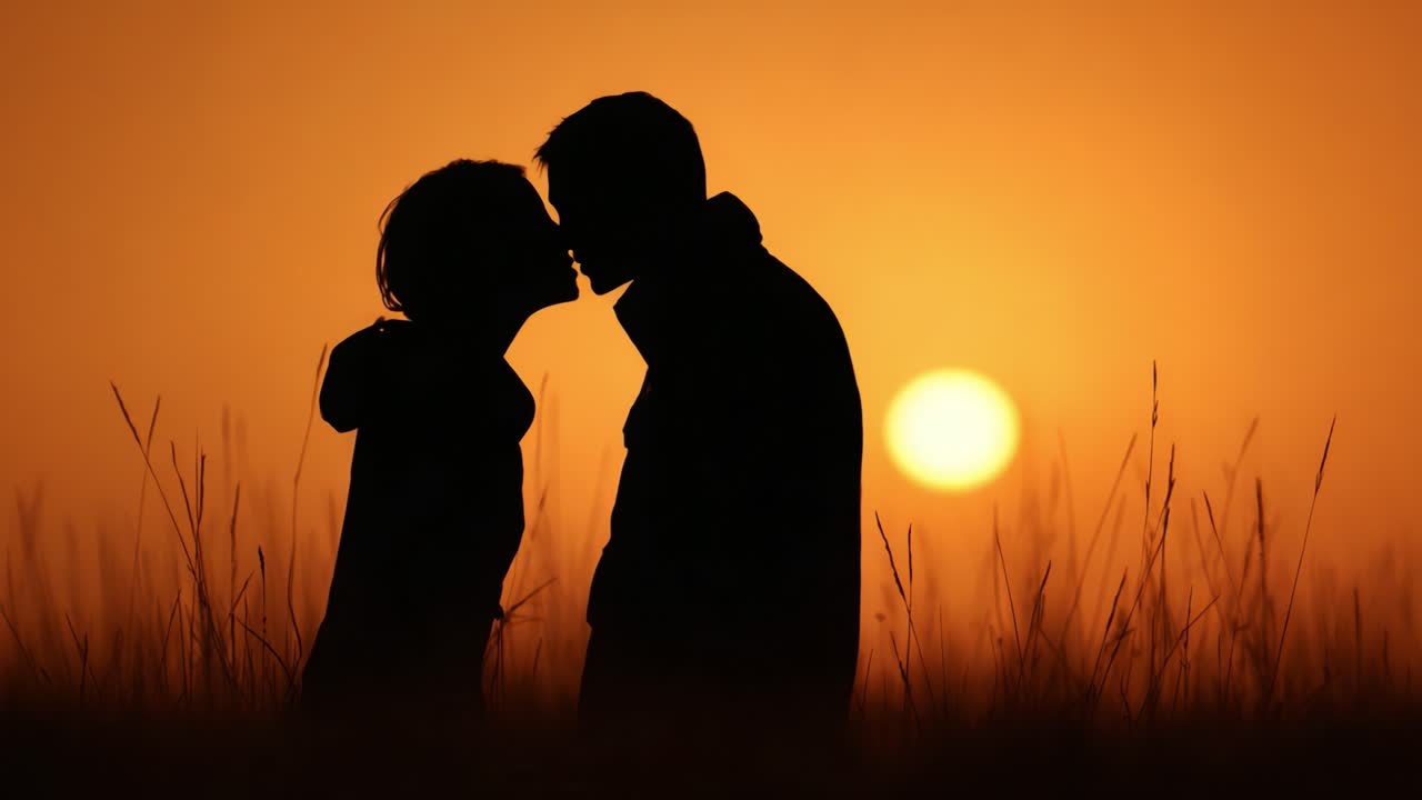 A Romantic Silhouette Embrace at Sunset Captures the Essence of Love and Connection as Two Souls Share an Intimate Kiss Amidst a Golden Horizon