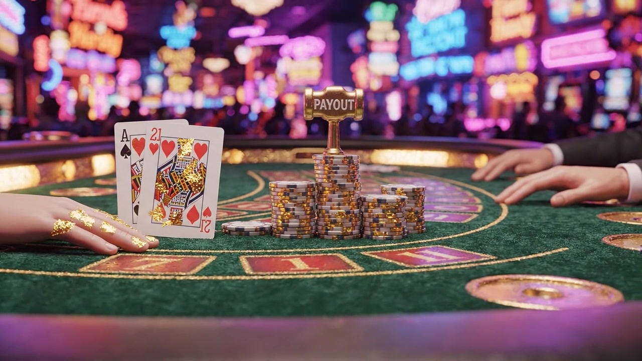 Mesa de Apostas Altas: Um Momento Tenso Numa Cena de Casino Glamorosa com Cartas, Fichas e Luzes de Néon Sugerindo Uma Grande Vitória Num Ambiente de Jogo Emocionante.